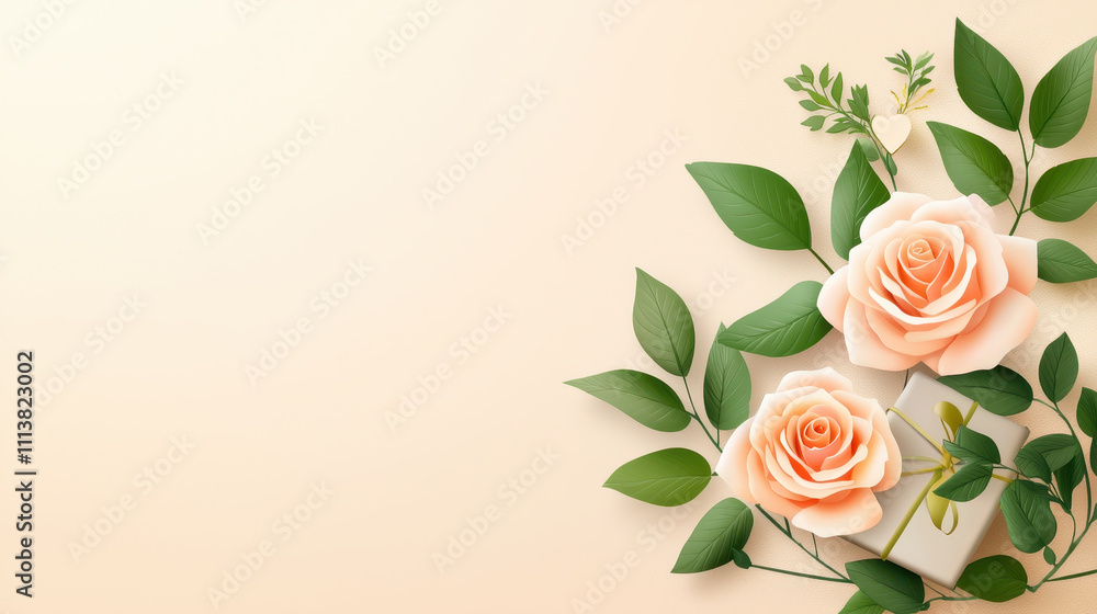 Fototapeta premium Beautiful illustration featuring soft peach roses and green leaves, perfect for romantic occasions or celebrations. clean design offers ample copy space for personalized messages