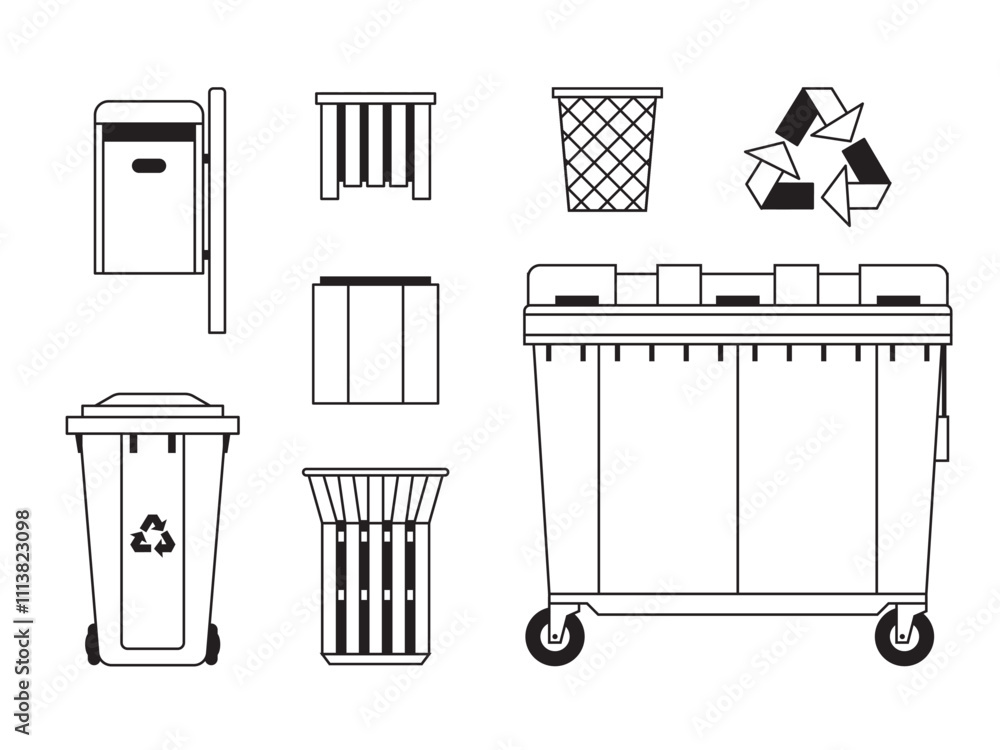 Recycling Cans and Garbage Containers in Line Art