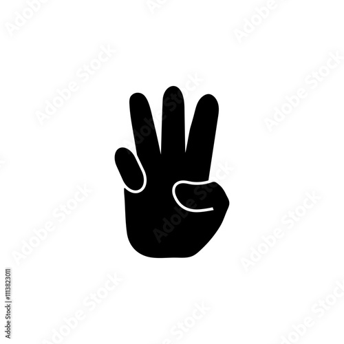 Hand with Three Fingers Up, Gesture Solid Flat Vector Icon Isolated on White Background.