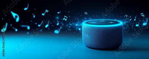 An illustration Bluetooth speaker with neon blue LED rim, vector style musical notes surrounding, copy space for text