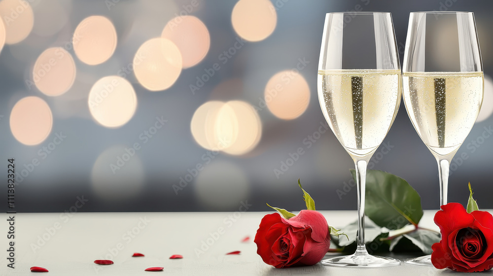Cheers to love and celebration with two elegant champagne glasses, surrounded by romantic red roses and soft bokeh lights in background, creating warm and inviting atmosphere Cheers to love and celebration with two elegant champagne glasses, surrounded by romantic red roses and soft bokeh lights in background, creating warm and inviting atmosphere