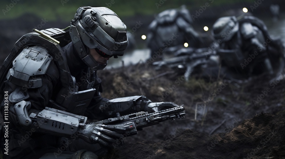 Soldier using advanced neural interface technology to command and control autonomous robotic units on the futuristic battlefield Soldier using advanced neural interface technology to command and control autonomous robotic units on the futuristic battlefield