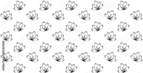 Simple Floral Seamless Pattern, Repeating Flower Pattern, Lotos, Monochrome, Black, Flat Artwork, Vector