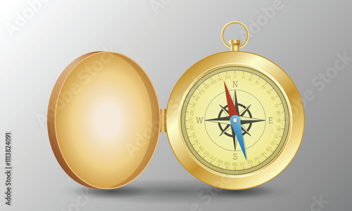 Gold compass with lid. Vector illustration of a classic compass with shadow underneath
