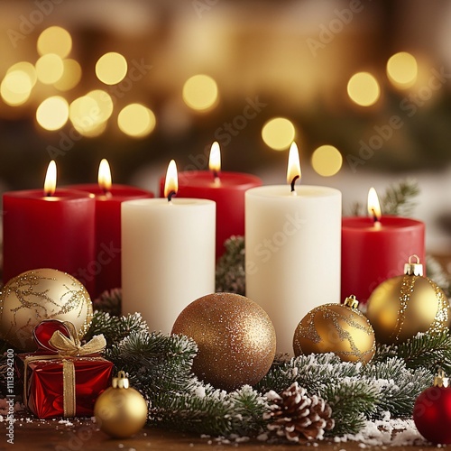 Red and white candles with gold ornaments and frosted greenery