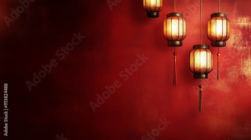 The Year of the Snake, A red background with four lanterns hanging from the ceiling