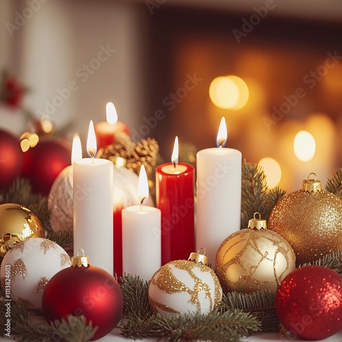 Red and white candles with gold and red ornaments and evergreen branches