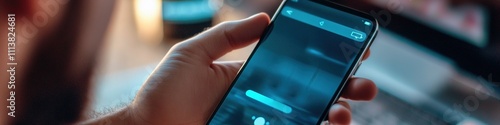 Background Featuring a Man Touching the Microphone Icon on a Smartphone, Engaging with Mobile Applications to Record Sound, Audio, Music, and Voice Messages, or Commanding AI to Search for Information