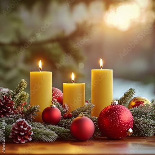Yellow candles with red ornaments, pinecones, and evergreen branches