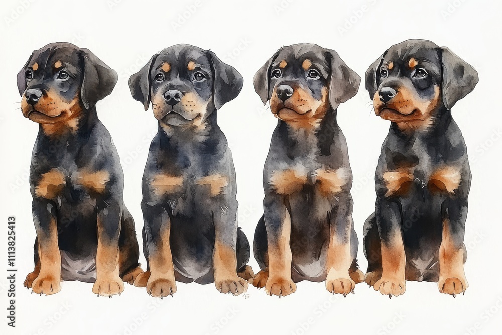 Four cute Rottweiler puppies sitting side by side in a watercolor style. Four cute Rottweiler puppies sitting side by side in a watercolor style.