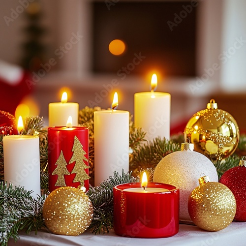 Red and white candles with gold ornaments and evergreen branches