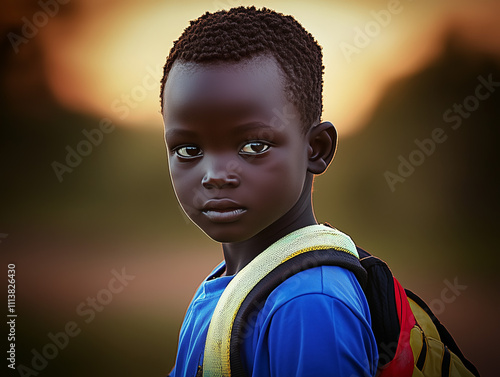 An african boy stands in an outdoor setting at sunset, wearing a blue shirt and carrying a backpack. His expression is serious and contemplative, and the warm light enhances the moment. Generative AI