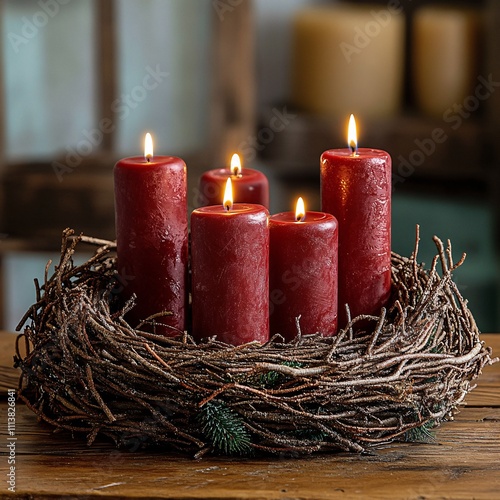 Red candles in rustic twig wreath with evergreen accents