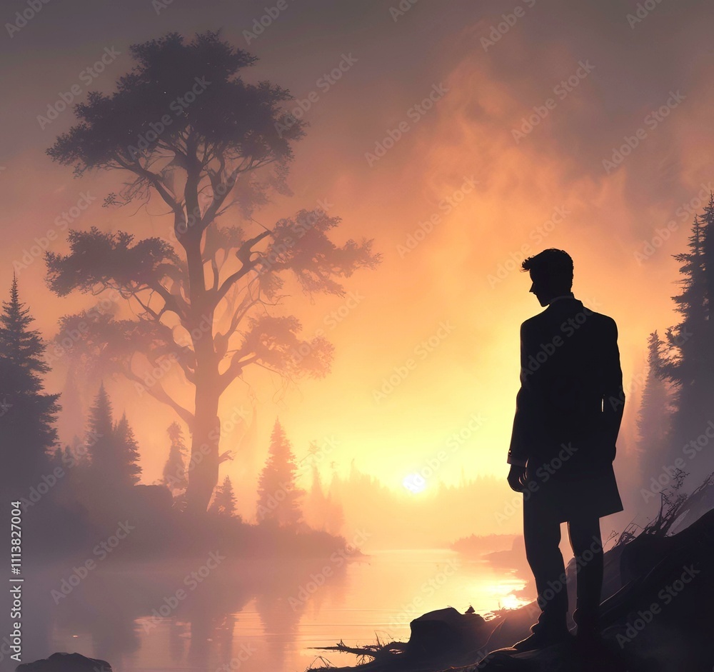 Fototapeta premium Illustration of man in suit silhouette with dramtaic background.
