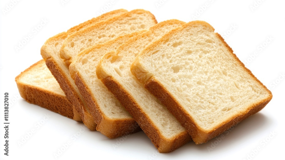 Overhead view of sliced bread with visible air pockets and a crusty golden edge, placed on a simple white background Overhead view of sliced bread with visible air pockets and a crusty golden edge, placed on a simple white background