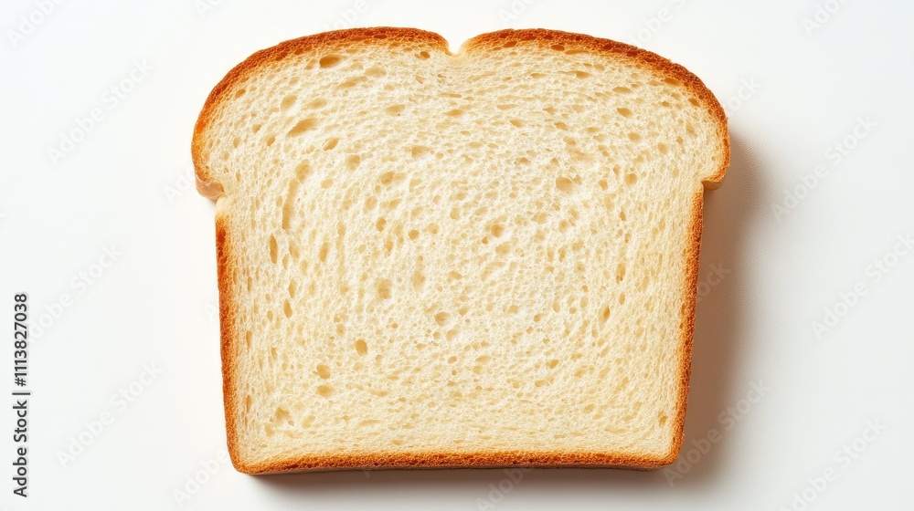 Overhead view of sliced bread with visible air pockets and a crusty golden edge, placed on a simple white background Overhead view of sliced bread with visible air pockets and a crusty golden edge, placed on a simple white background