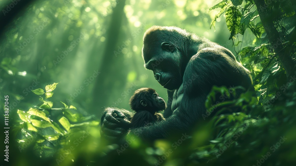 family of wild gorillas in the dense jungle, the mother holding her young one while the silverback watches over them family of wild gorillas in the dense jungle, the mother holding her young one while the silverback watches over them