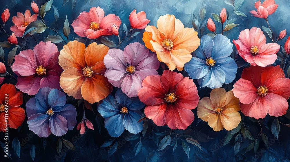 A vibrant and artistic display of various flowers in shades of red, orange, blue, and pink set against a soft blue background. A vibrant and artistic display of various flowers in shades of red, orange, blue, and pink set against a soft blue background.