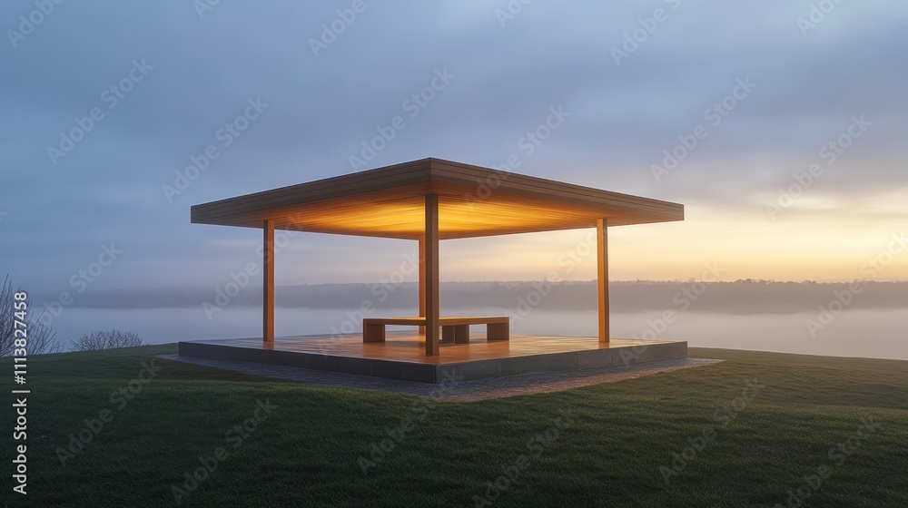 Modern wooden pavilion overlooking a misty landscape Modern wooden pavilion overlooking a misty landscape