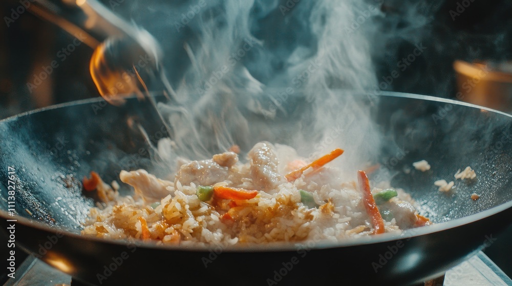 Pan-fried American fried rice sizzling in a wok, with vegetables and pieces of chicken mixed in, showcasing the cooking process Pan-fried American fried rice sizzling in a wok, with vegetables and pieces of chicken mixed in, showcasing the cooking process