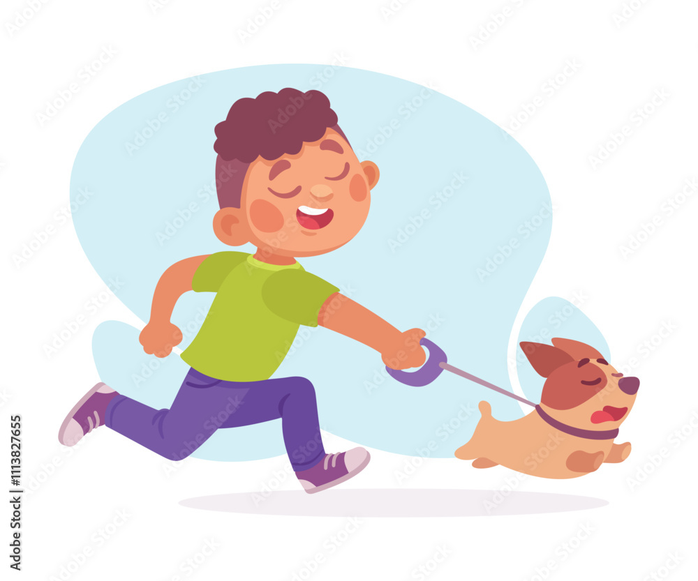 Happy Boy Character Run with Dog Walking Vector Illustration Happy Boy Character Run with Dog Walking Vector Illustration