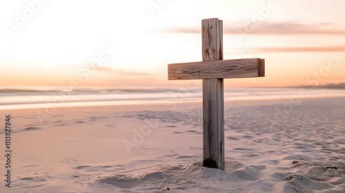 Wooden Cross on Beach with Seashells and Sunset View