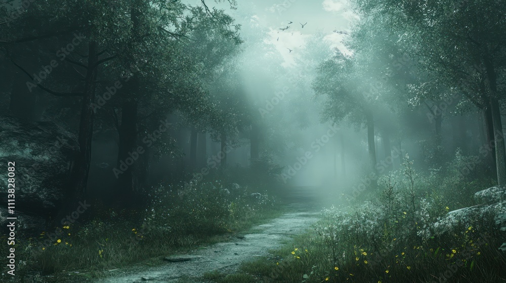 mist clings to the towering trees and the path is barely visible. Soft rays of sunlight break through the fog mist clings to the towering trees and the path is barely visible. Soft rays of sunlight break through the fog