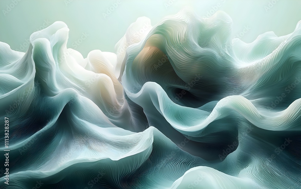 Obraz premium An abstract representation of fluid, wave-like forms in soft hues of teal and white, evoking a sense of tranquility and movement in an ethereal landscape.