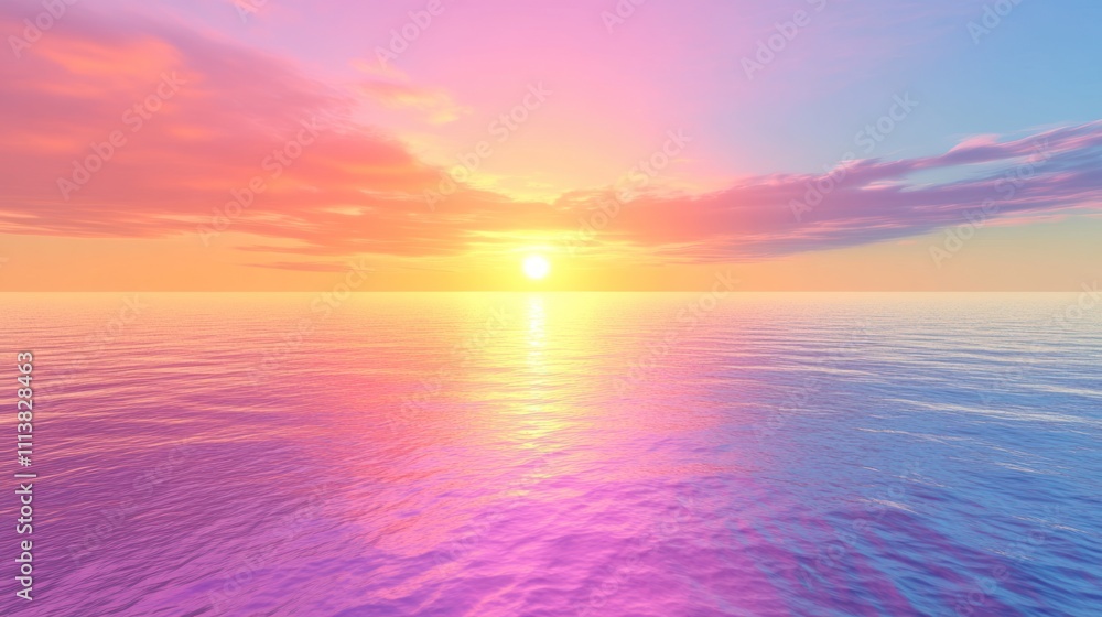 Serene Sunset Over Calm Ocean Waters Reflecting Vivid Hues Serene Sunset Over Calm Ocean Waters Reflecting Vivid Hues