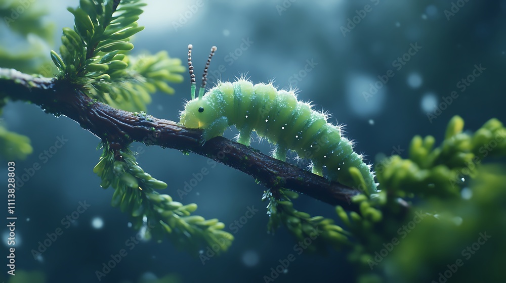 Naklejka premium Green Caterpillar Crawling on a Branch in the Rain