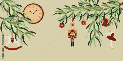 Merry Christmas conceptual background vector. Collection of nutcracker, ballet, wooden horse and ballerina. Design suitable for banner, invitation, decoration.
