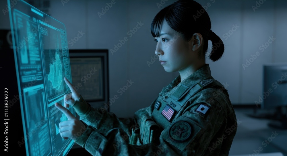 Asian female soldier using futuristic virtual touchscreen interface in military command center Asian female soldier using futuristic virtual touchscreen interface in military command center