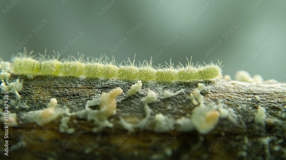 Fototapeta premium Green hairy caterpillar crawling on a textured surface