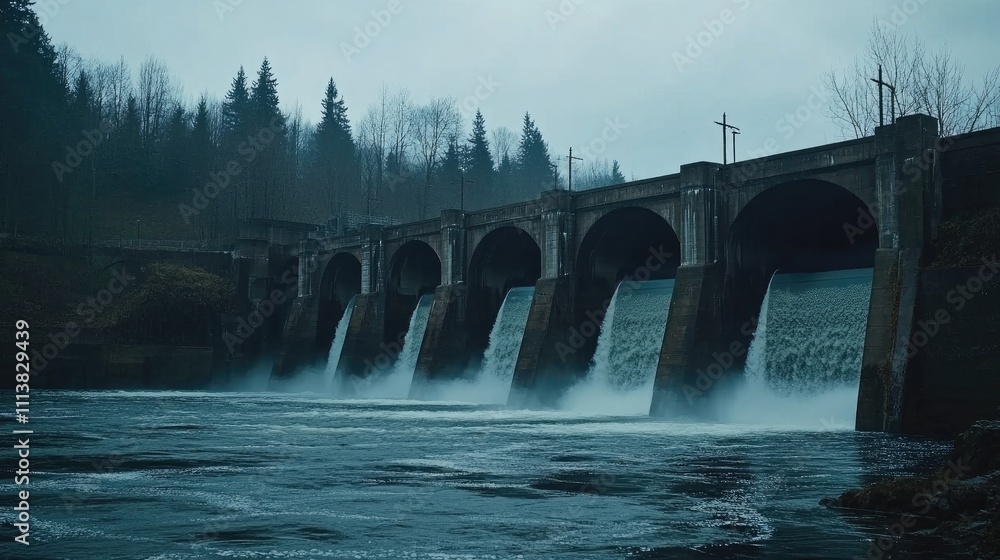 Side view of a hydroelectric dam with water flowing through, emphasizing the power of water as a renewable energy source Side view of a hydroelectric dam with water flowing through, emphasizing the power of water as a renewable energy source