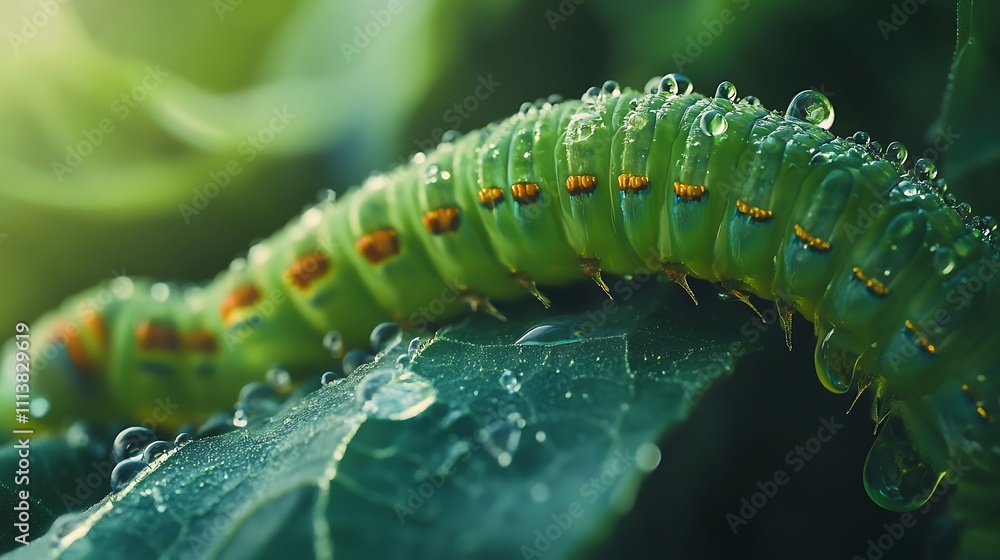 Naklejka premium Green Caterpillar Covered In Dew Drops On A Leaf