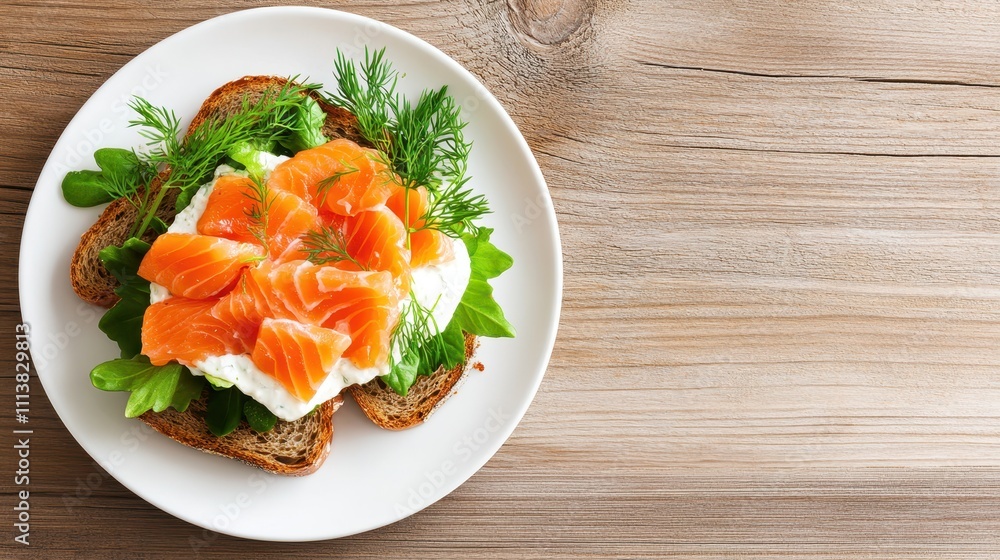Smoked salmon on whole-grain toast with dill cream cheese, garnished with fresh dill, served on a white plate for a healthy meal concept. Smoked salmon on whole-grain toast with dill cream cheese, garnished with fresh dill, served on a white plate for a healthy meal concept.