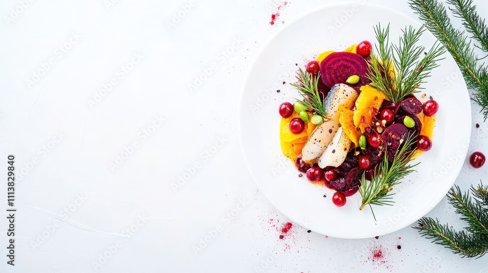 Vibrant beet and orange salad with cranberries, seeds, and rosemary sprigs on a white plate, festive and colorful on a bright backdrop.