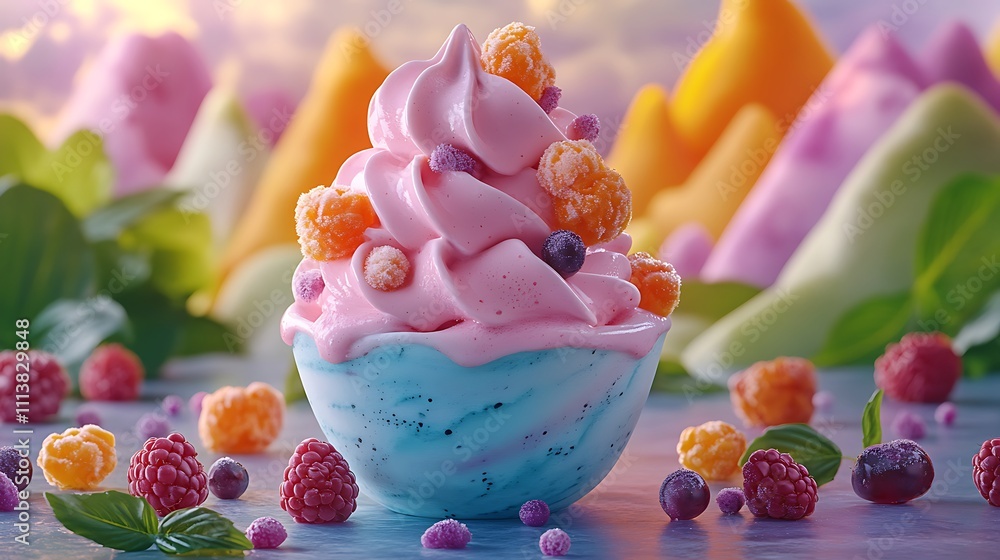 Stunning purple soft serve ice cream display featuring juicy fresh fruits in picture