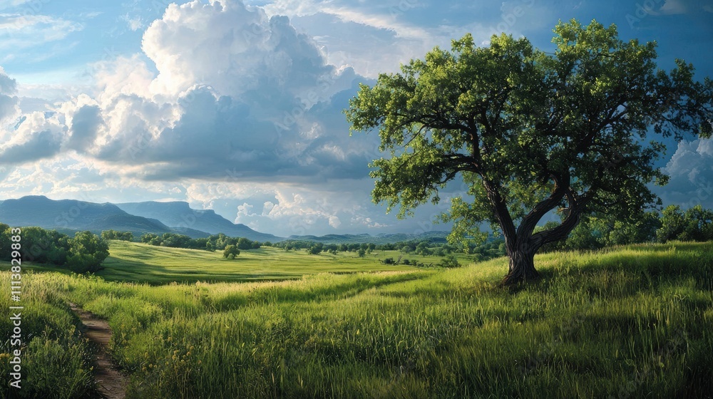 Tranquil Landscape with Tree Under a Dramatic Cloudy Sky