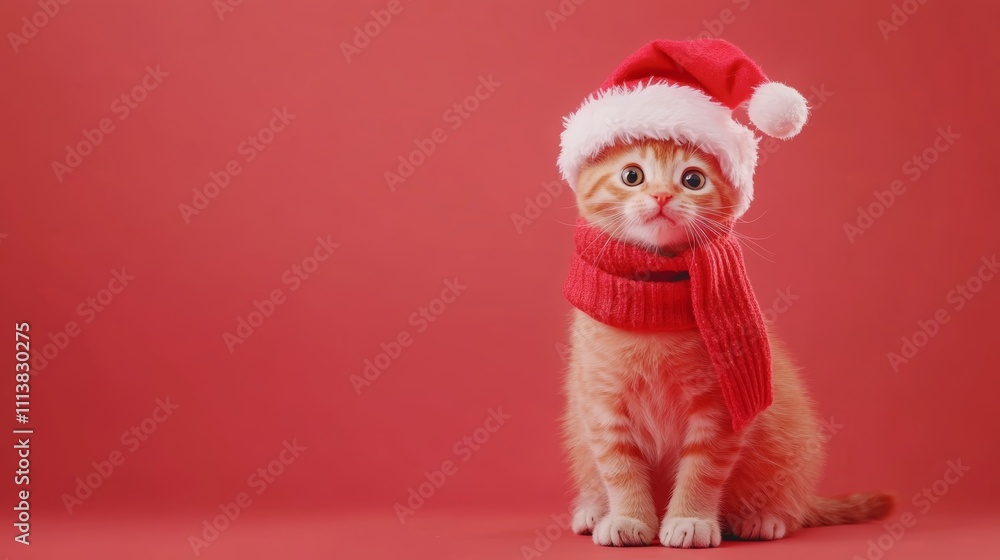 Fototapeta premium Photo of a cute cat wearing Santa hat and scarf