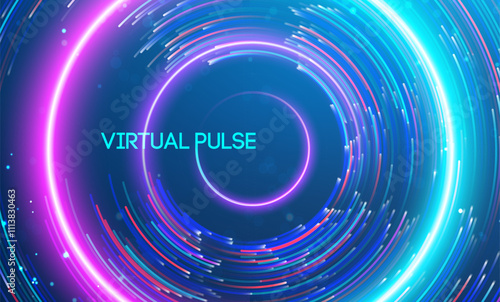 Virtual pulse represented by vibrant circular motion of glowing light trails. Big data and data science integration with advanced technology and artificial intelligence concepts.