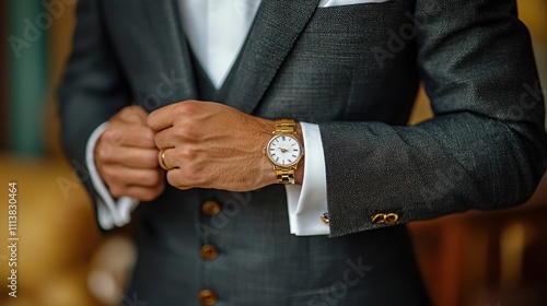 A handsome, well-dressed man of European descent is adjusting his suit, showcasing a sophisticated style with a gold watch on his wrist.