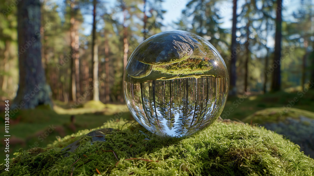 Crystal globe glass on green moss in forest to protect nature Save and care World for sustainable. concept of the environment ecology and Earth Day. Crystal globe glass on green moss in forest to protect nature Save and care World for sustainable. concept of the environment ecology and Earth Day.