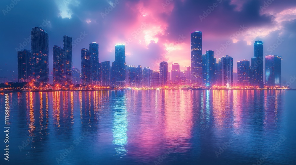 Obraz premium Vibrant cityscape skyline reflecting on calm water at dusk.