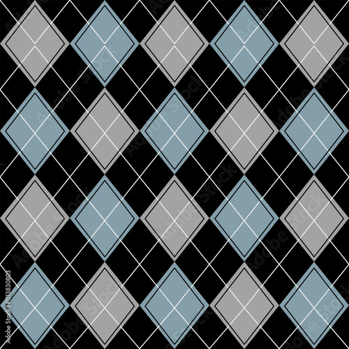 Argyle vector pattern light blue and black squares Seamless geometric background for clothing, wrapping paper, backdrop, for cards.