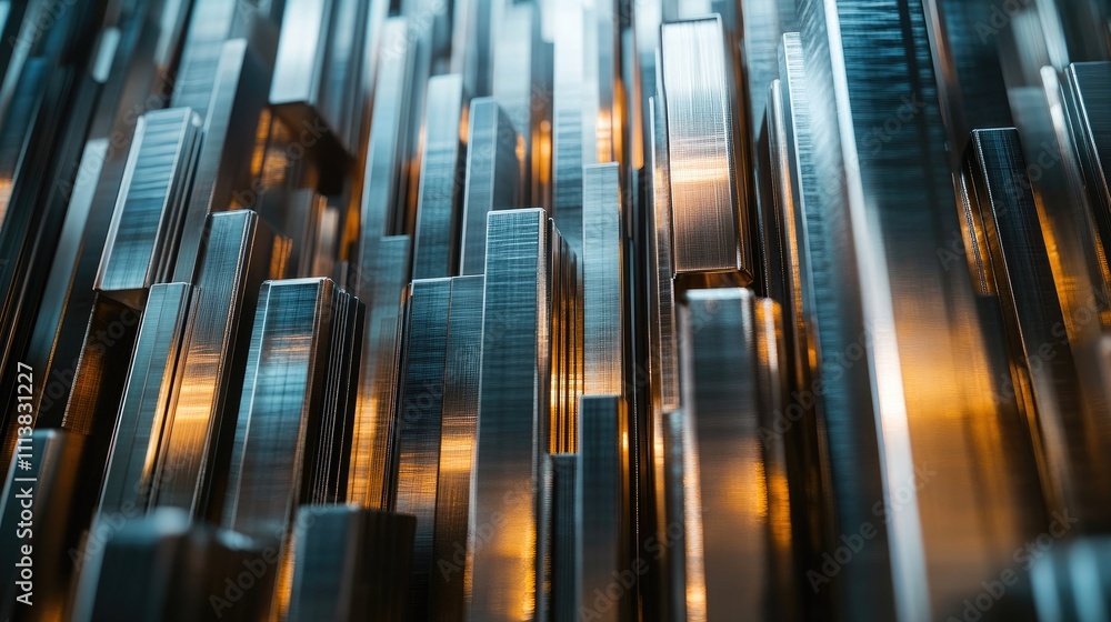 Obraz premium Stacked 3D bar graphs in metallic tones, arranged in a pattern on a white reflective surface, highlighting complex data visualization