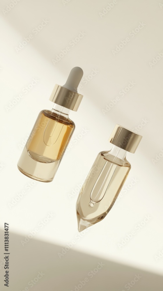 Two floating ampoule bottles at slight angles: one large and wide, one small and elongated Two floating ampoule bottles at slight angles: one large and wide, one small and elongated
