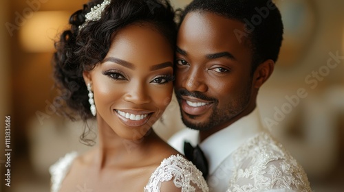 A beautiful African couple is smiling at each other in a romantic setting, showcasing their joyful moment together in a soft, elegant background. photo