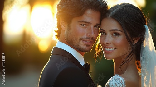 A beautiful couple with Hispanic features smiles at the camera during a golden sunset. They are dressed elegantly for a special occasion. photo