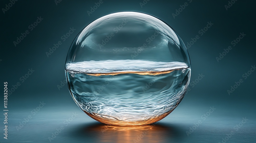 A semi-transparent glass orb with subtle surface ripples and refracted light creating dynamic internal patterns against a dark gradient background A semi-transparent glass orb with subtle surface ripples and refracted light creating dynamic internal patterns against a dark gradient background